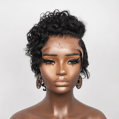 Full Lace Curly Pixie Cut Wig with Side Swept Waves