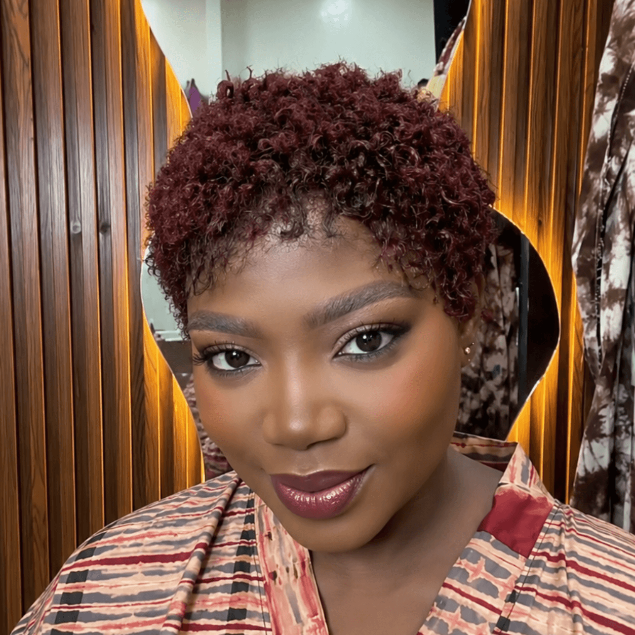 Glueless Burgundy And Black Full Lace Afro Curly Pixie Wig
