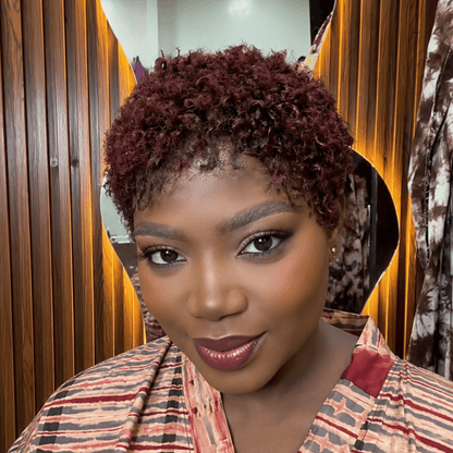 Glueless Burgundy And Black Full Lace Afro Curly Pixie Wig