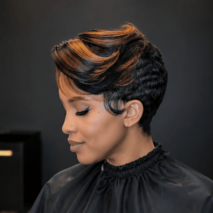 13x6 Lace Side Parted Layered Pixie Cut Wig With Highlights Swept Bangs