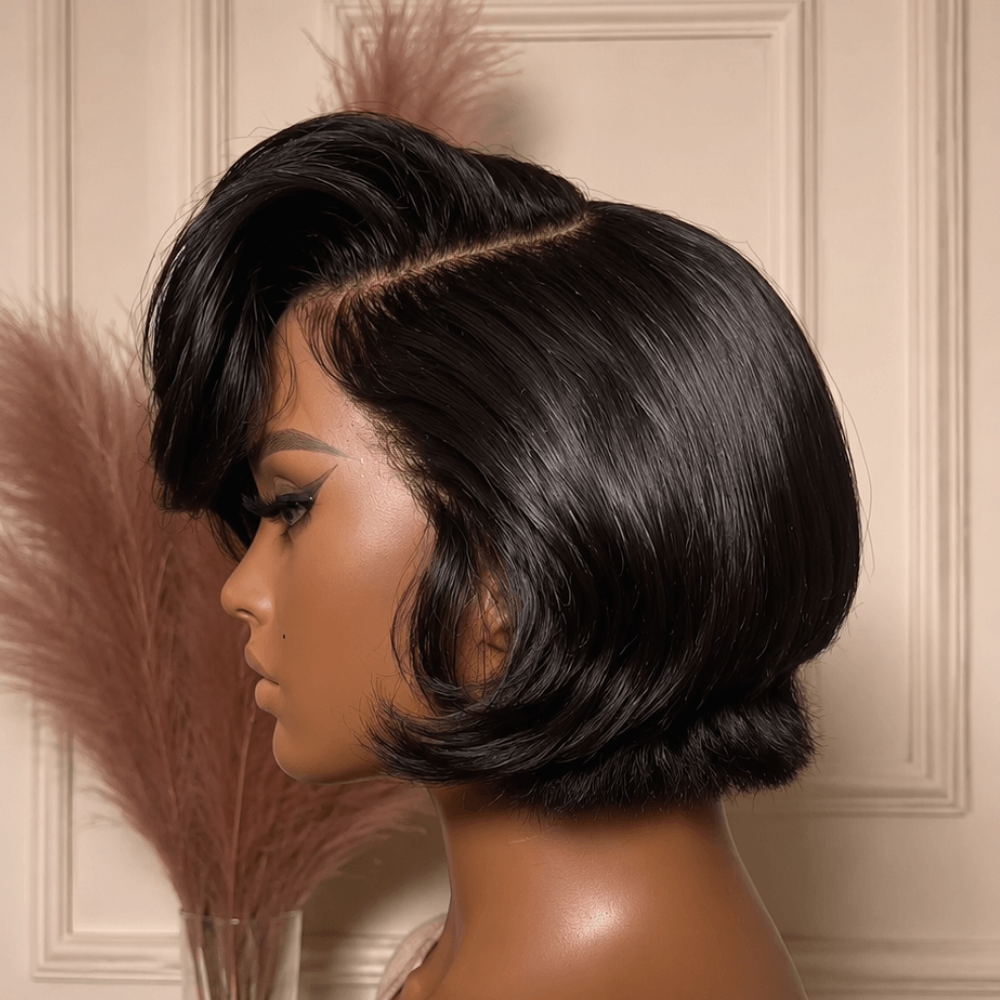Natural 13×4 Lace Front Short Hair Wig with Side-Part Swoop Bangs