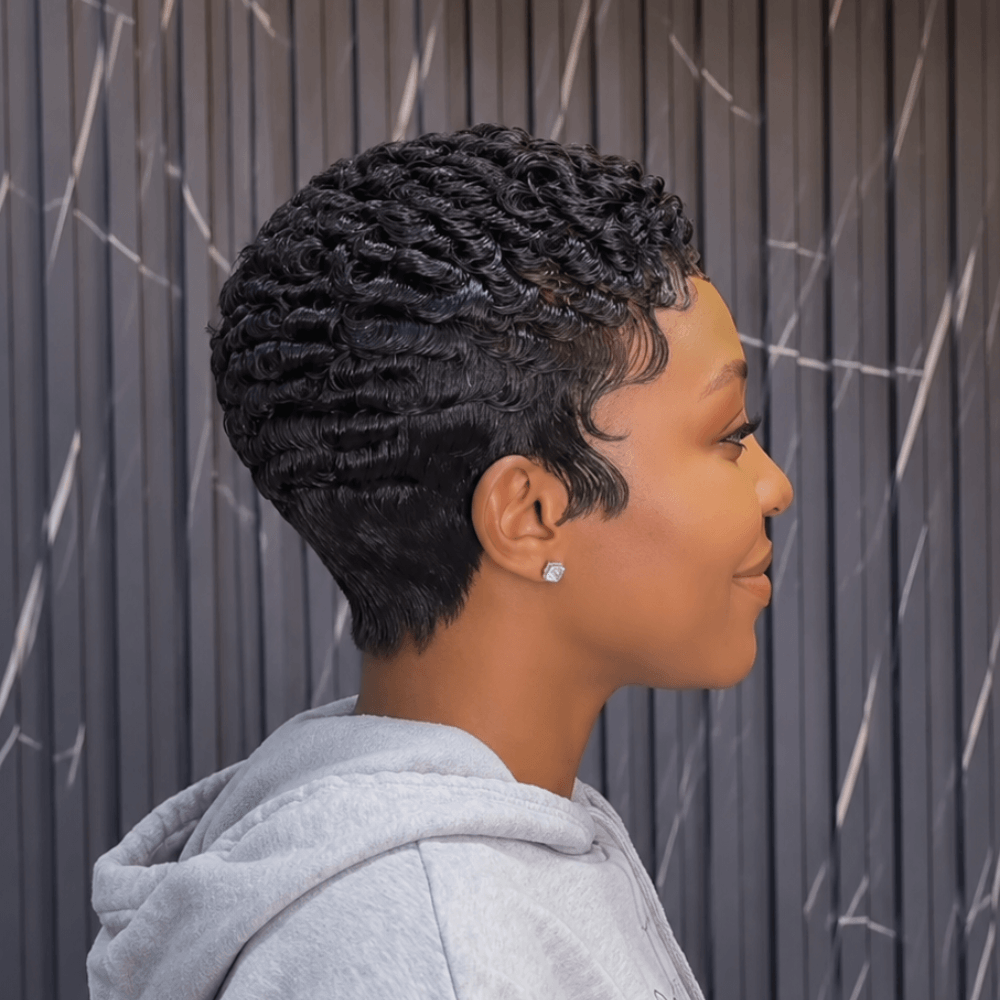 Full Lace Short Curly Pixie Cut Wig with Edgy Double Lines