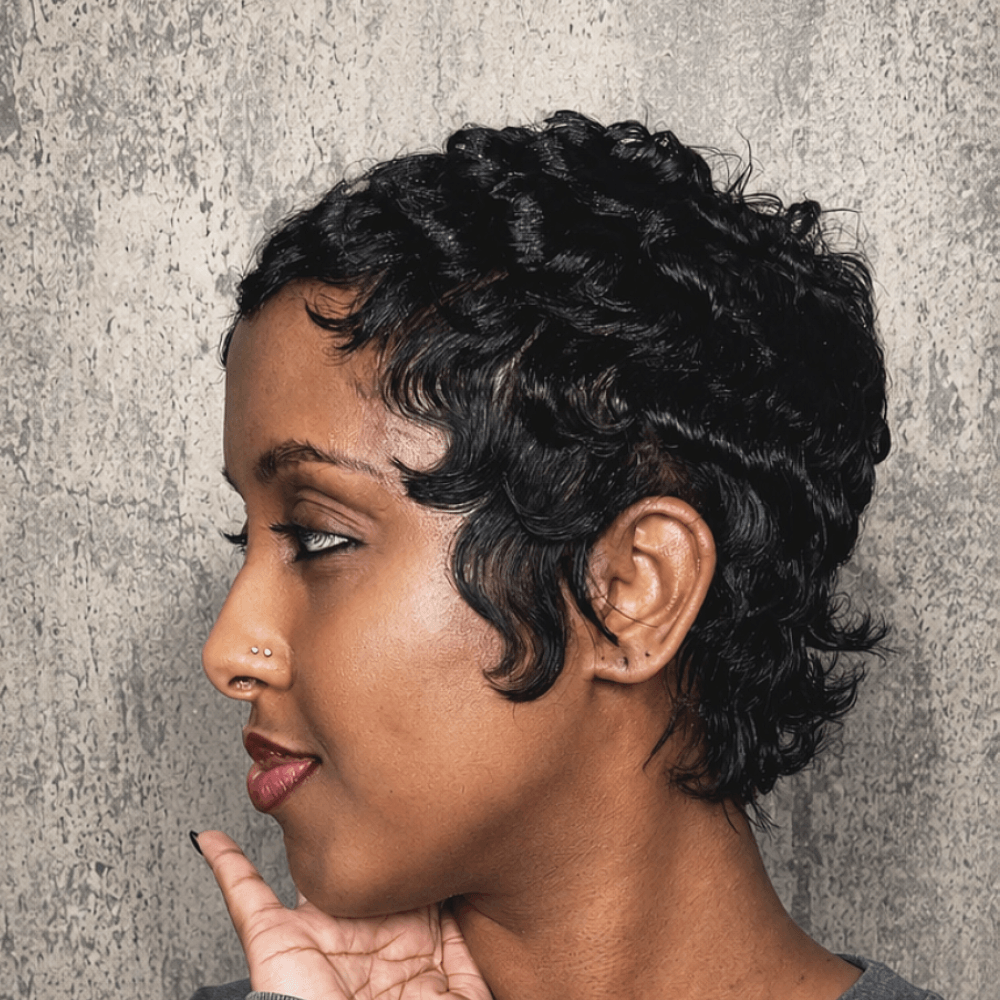 Full Lace Natural Black Soft Wispy Layered Cut Water Wave Pixie Wig