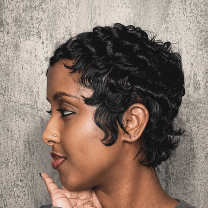 Full Lace Natural Black Soft Wispy Layered Cut Water Wave Pixie Wig