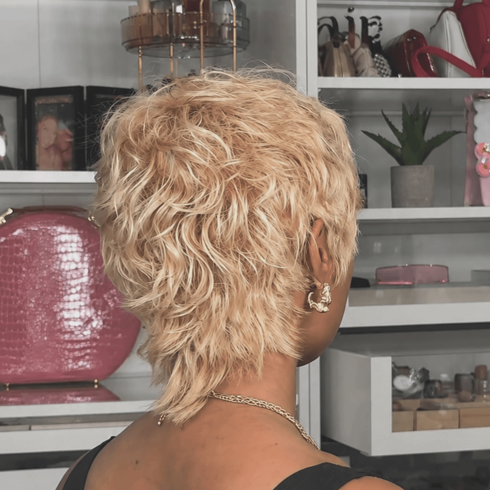 Trendy Tousled Blonde Mullet With Stylish Wispy Bangs