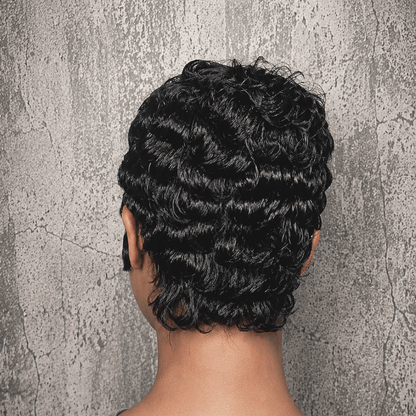 Full Lace Natural Black Soft Wispy Layered Cut Water Wave Pixie Wig