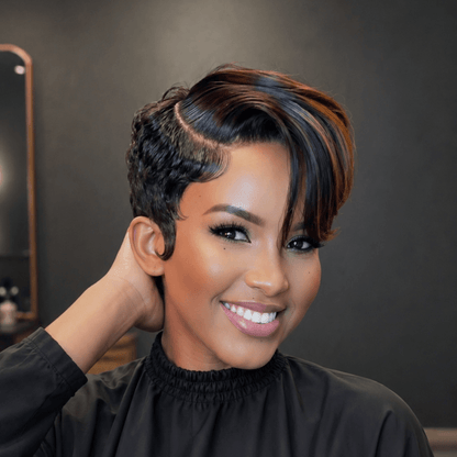 13x6 Lace Side Parted Layered Pixie Cut Wig With Highlights Swept Bangs