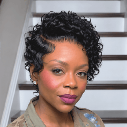Full Lace Curly Pixie Cut Wig with Side Swept Waves