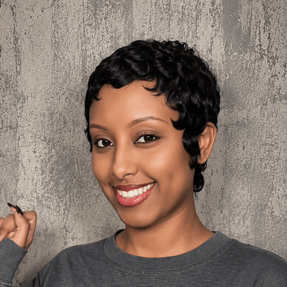 Full Lace Natural Black Soft Wispy Layered Cut Water Wave Pixie Wig