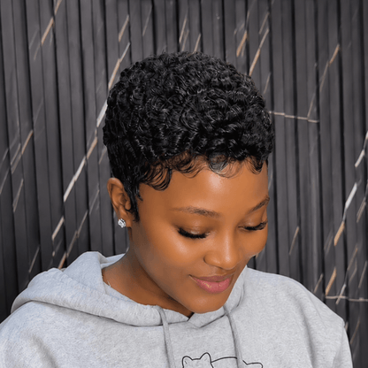 Full Lace Short Curly Pixie Cut Wig with Edgy Double Lines