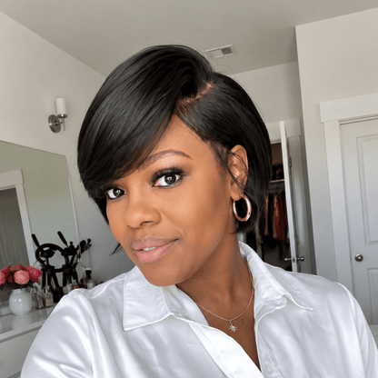 Natural 13×4 Lace Front Short Hair Wig with Side-Part Swoop Bangs