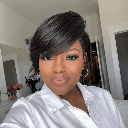 Natural 13×4 Lace Front Short Hair Wig with Side-Part Swoop Bangs