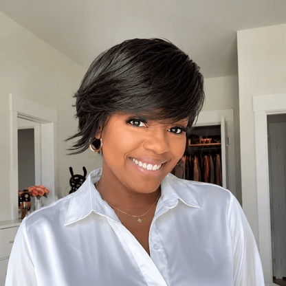 Natural 13×4 Lace Front Short Hair Wig with Side-Part Swoop Bangs