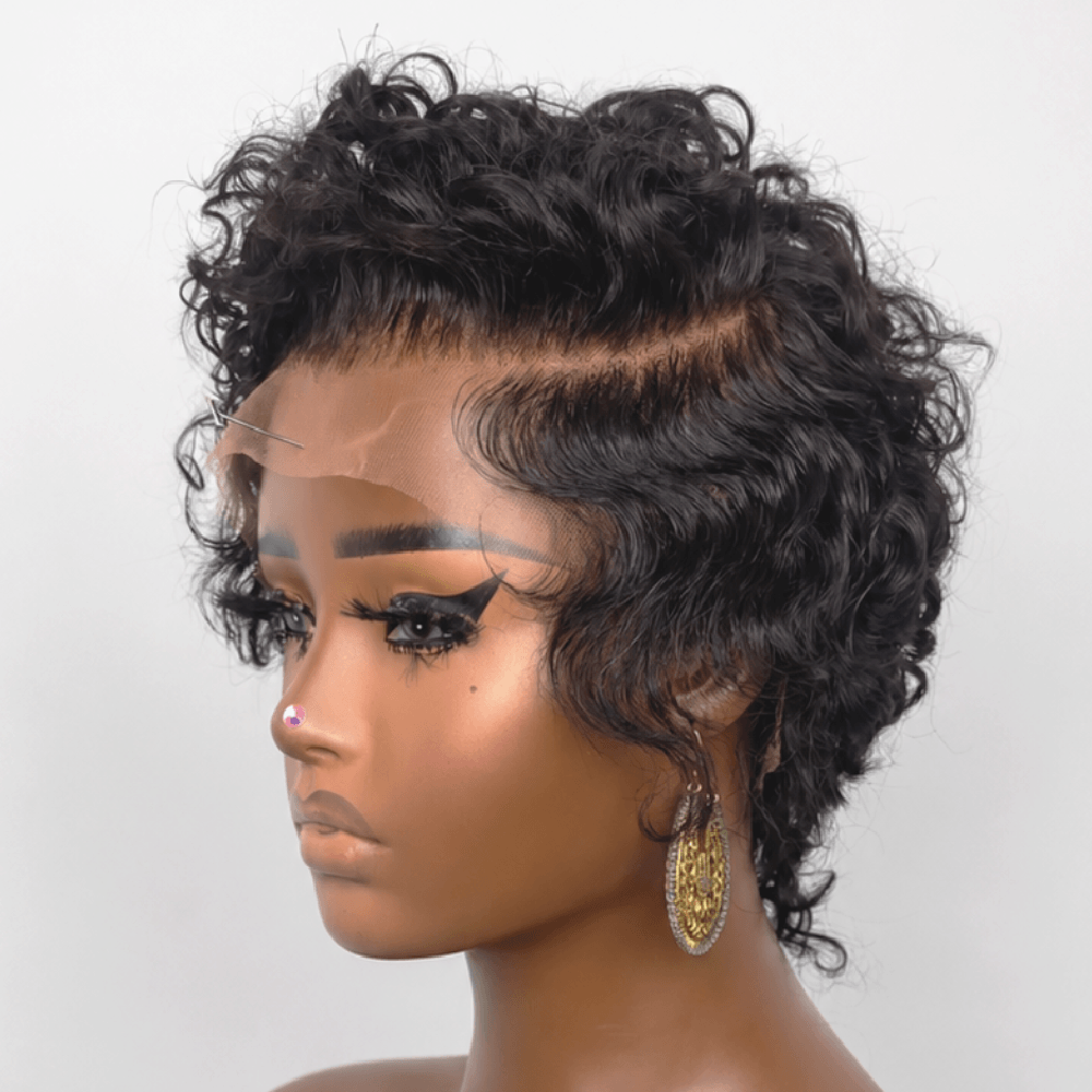 Full Lace Curly Pixie Cut Wig with Side Swept Waves