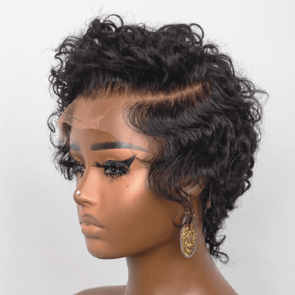 Full Lace Curly Pixie Cut Wig with Side Swept Waves