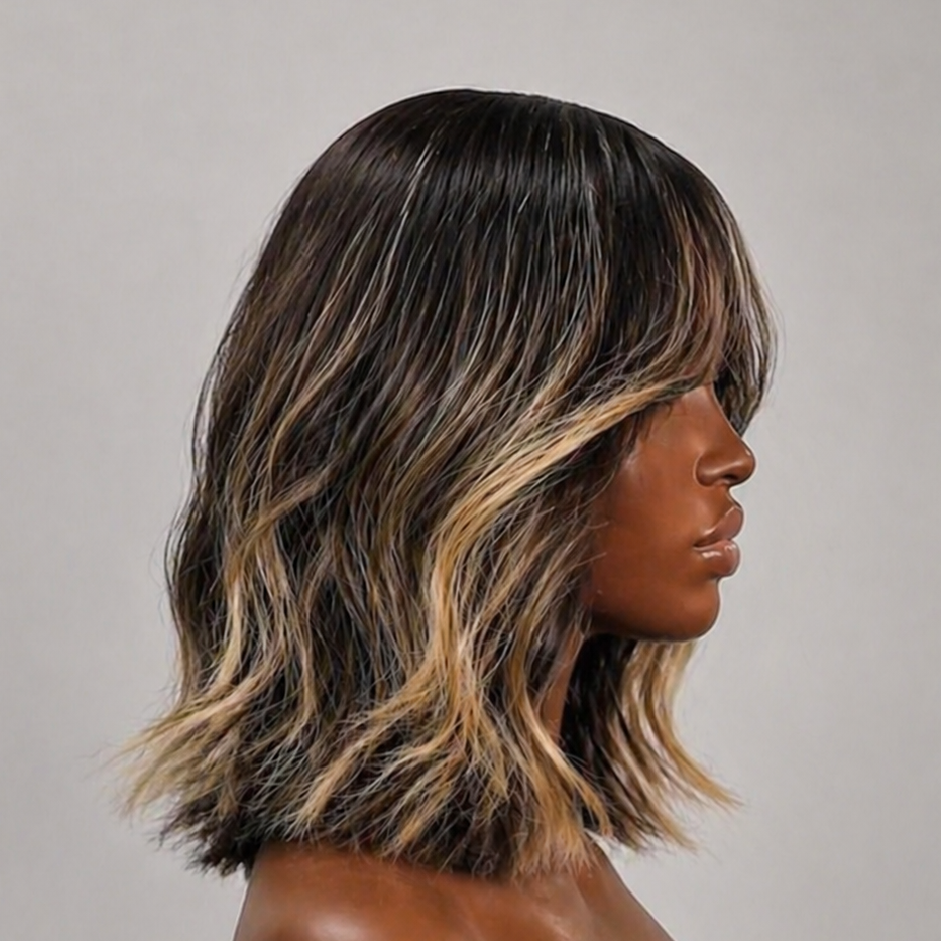 Lace Front Medium Layered Wave Wig with Brown Balayage Highlights