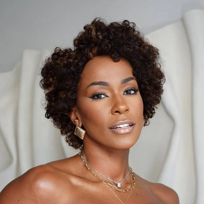 SP2/4/30 Medium Brown With Highlights Short Curly Glueless Wig