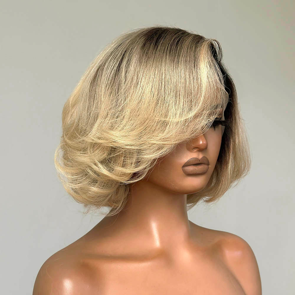 Gradient Blonde Dark Roots Side Parted Frontal Lace Wig