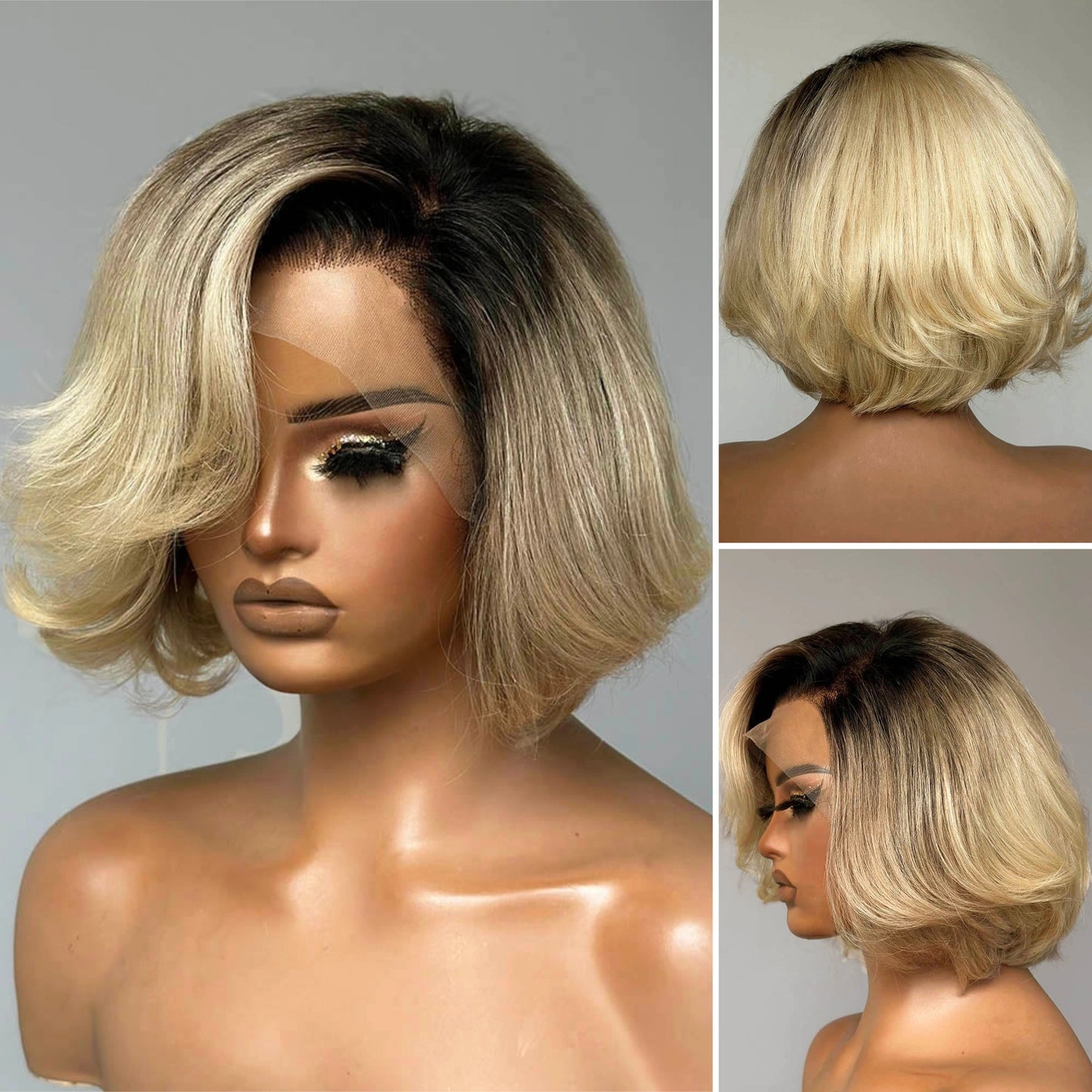 Gradient Blonde Dark Roots Side Parted Frontal Lace Wig