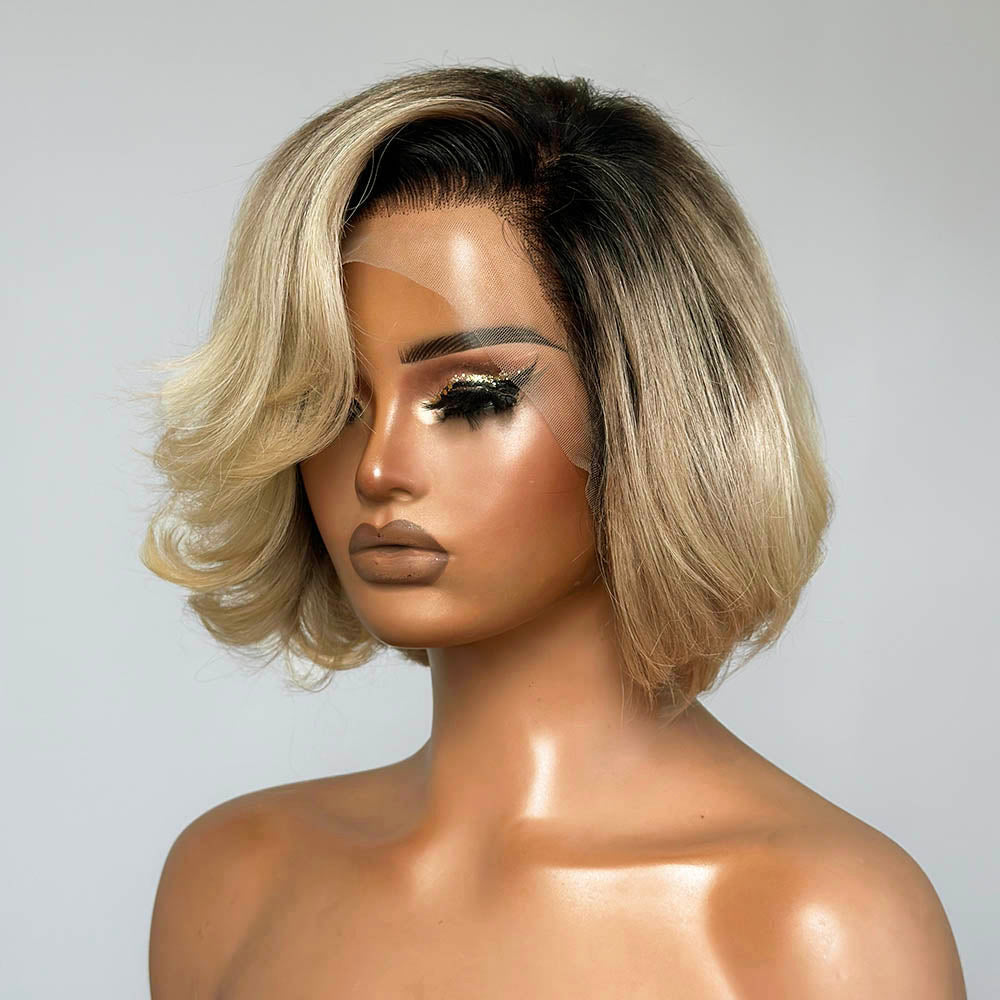 Gradient Blonde Dark Roots Side Parted Frontal Lace Wig