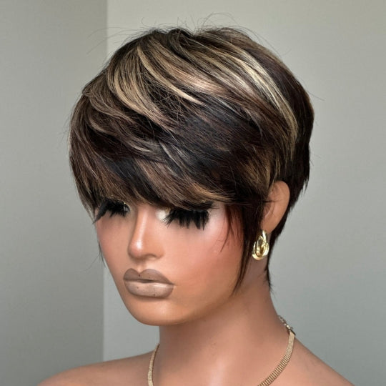 Coracrown Natural Realistic Glueless Pixie Cut Wig with Bangs