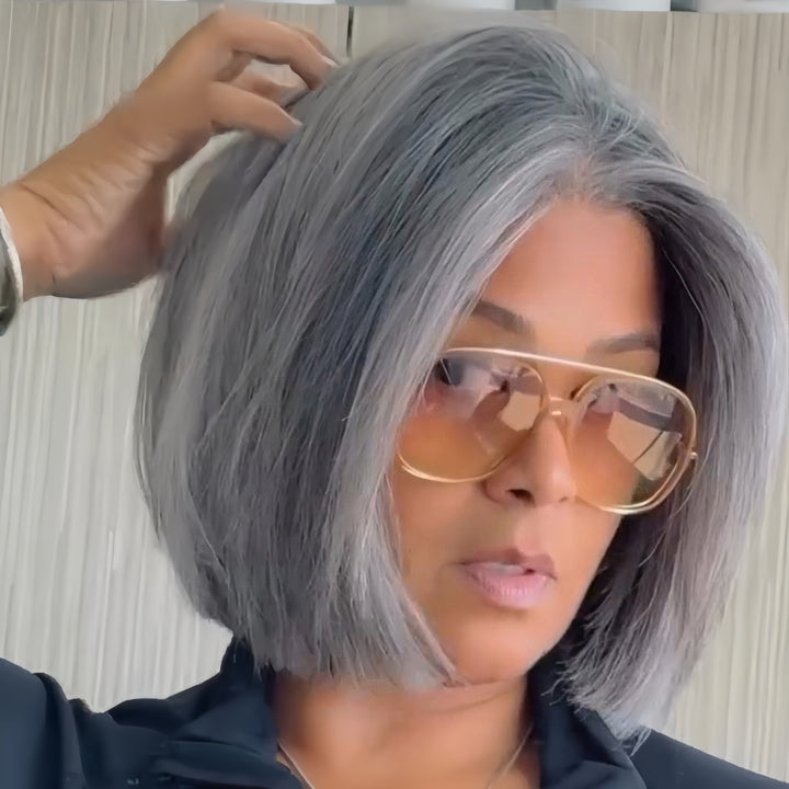Glueless Ash Grey Straight Short Bob Lace Frontal Wig