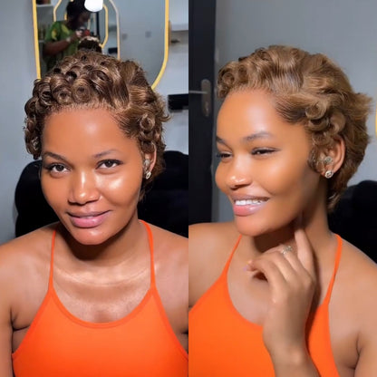 Full Lace Honey Blonde Finger Curly Short Pixie Cut Human Hair Wig