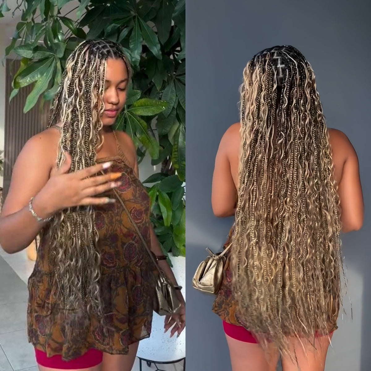 Boho Knotless Braided with Ombre Brown & Honey Blonde French Curls Invisi Drawstring Wig