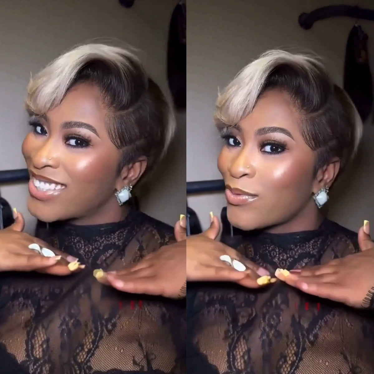 Platinum With Ombre Dark Roots Side parted Pixie Cuts Lace Wig