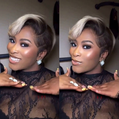 Platinum With Ombre Dark Roots Side parted Pixie Cuts Lace Wig