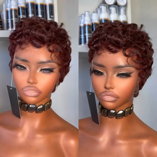 Full Lace Burgundy Finger Wave Short Pixie Human Hair Wig