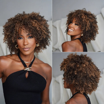 Put On & Go Voluminous Afro Kinky Curly Bob Wig 100% Human Hair