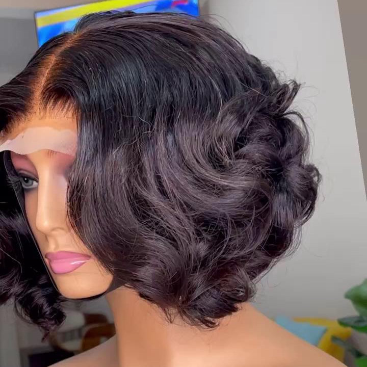 Natural Fluffy Slightly Curly Bob 5×5 Lace Closure Wig