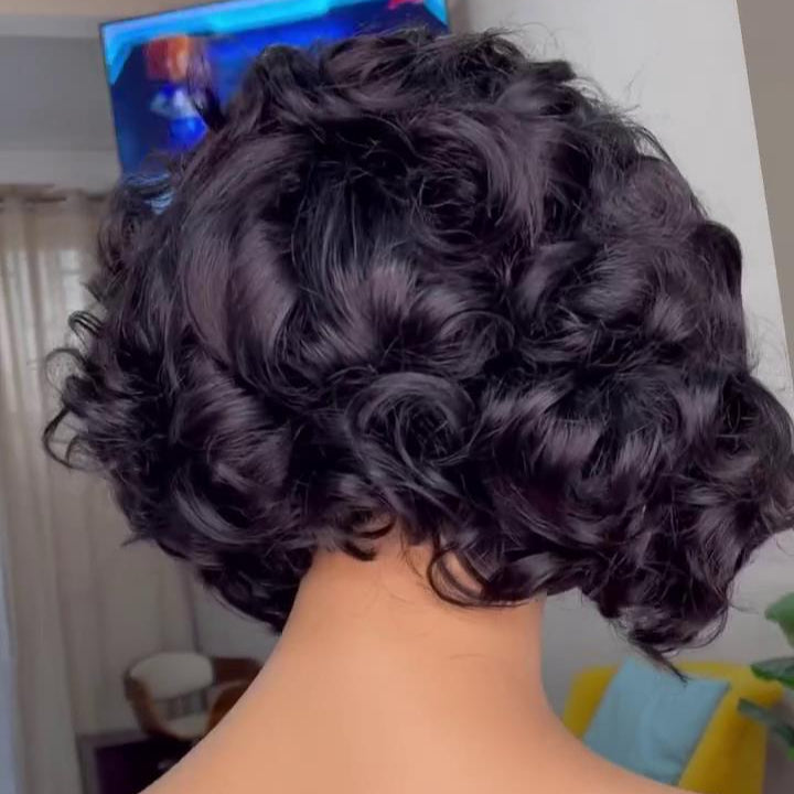 Natural Fluffy Slightly Curly Bob 5×5 Lace Closure Wig