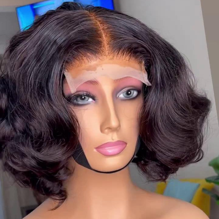 Natural Fluffy Slightly Curly Bob 5×5 Lace Closure Wig