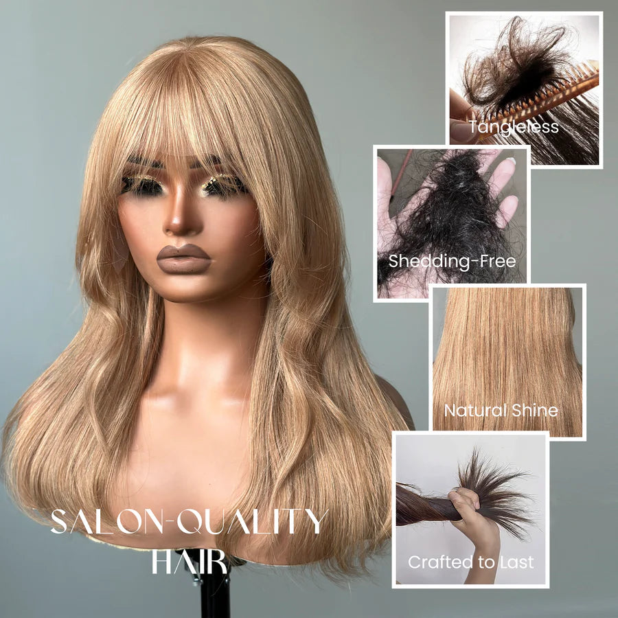 Honey Blonde Hair Wig With Bangs Glueless 13x4 Frontal Lace Wig