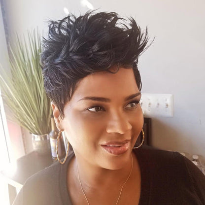 Natural Black Full Lace Spiky Short Pixie Cut With Laid Edges Wig