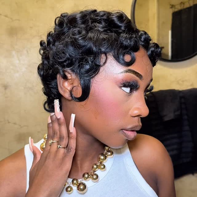 Finger Wave Short Pixie Cut Glueless 100% Human Hair Wig
