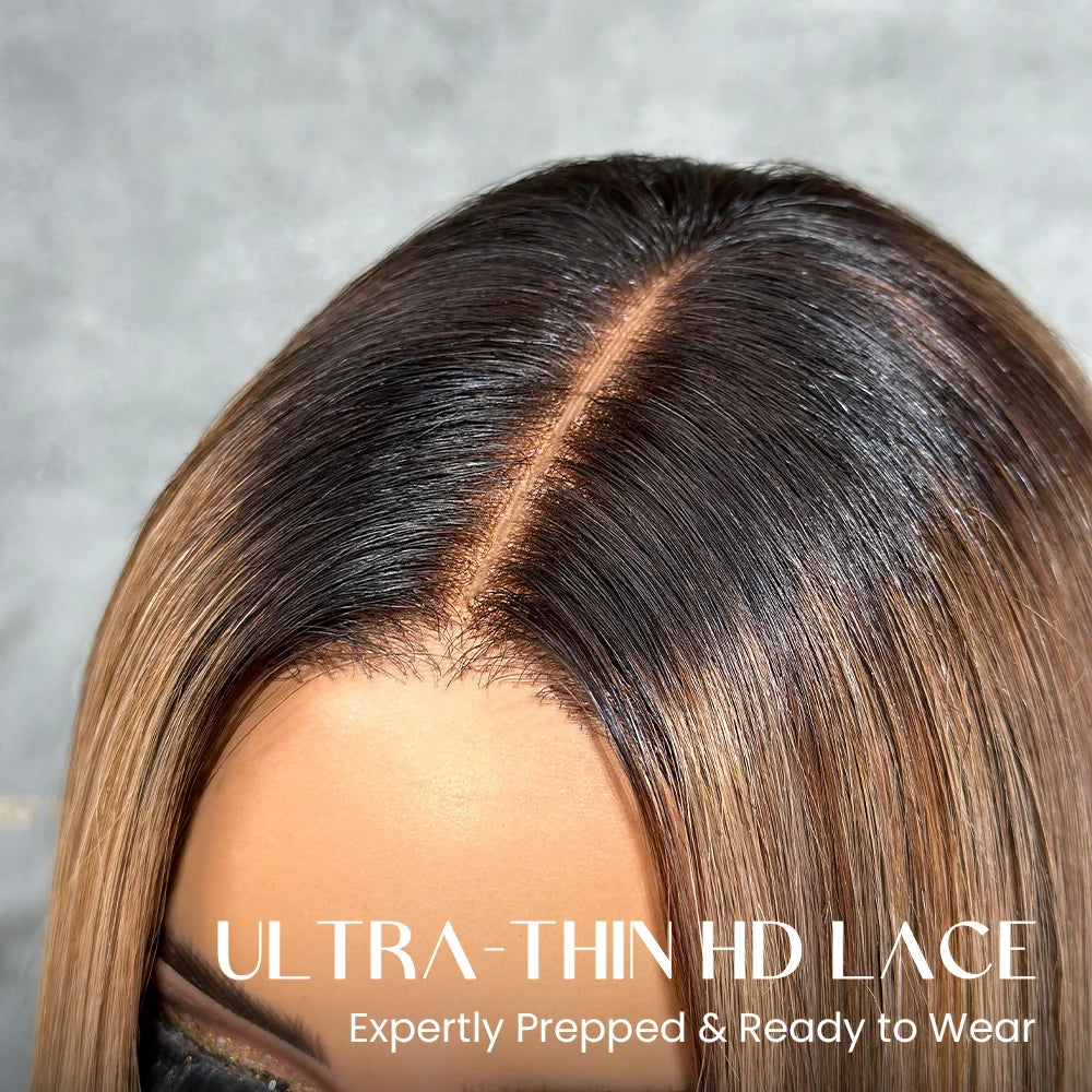 613 Ombre Blonde Highlight with Brown Blunt Cut Bob Glueless Closure Wig