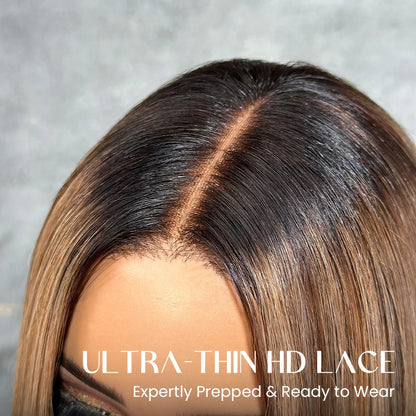 613 Ombre Blonde Highlight with Brown Blunt Cut Bob Glueless Closure Wig