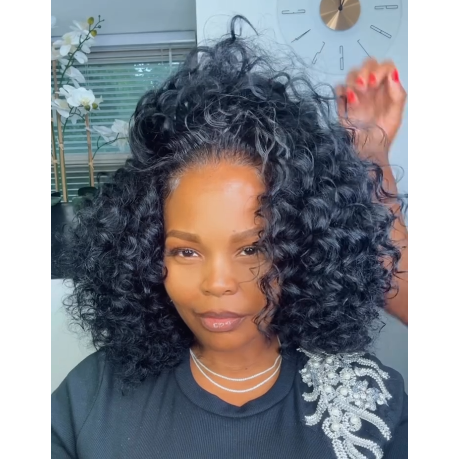 Natural Black Realistic Angled Style Curly Bob 13x4 Lace Frontal Wig