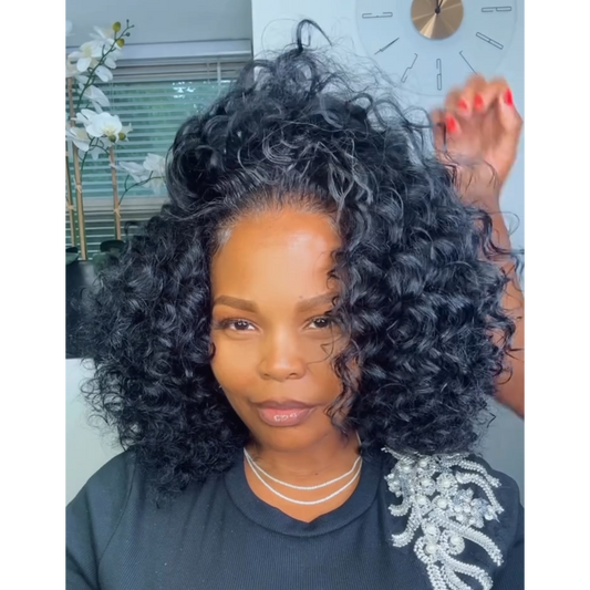 Natural Black Realistic Angled Style Curly Bob 13x4 Lace Frontal Wig