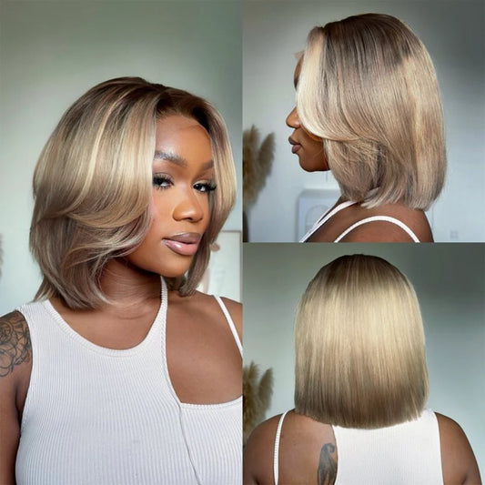 Ash Blonde Layered Cut Bob Wig Lace Wig