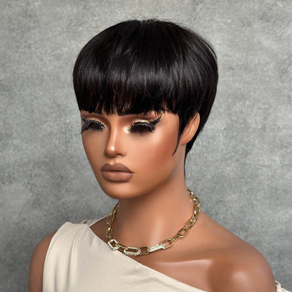 Put on  & Go Natural Black Short Pixie Hair Bowler Cut Wig