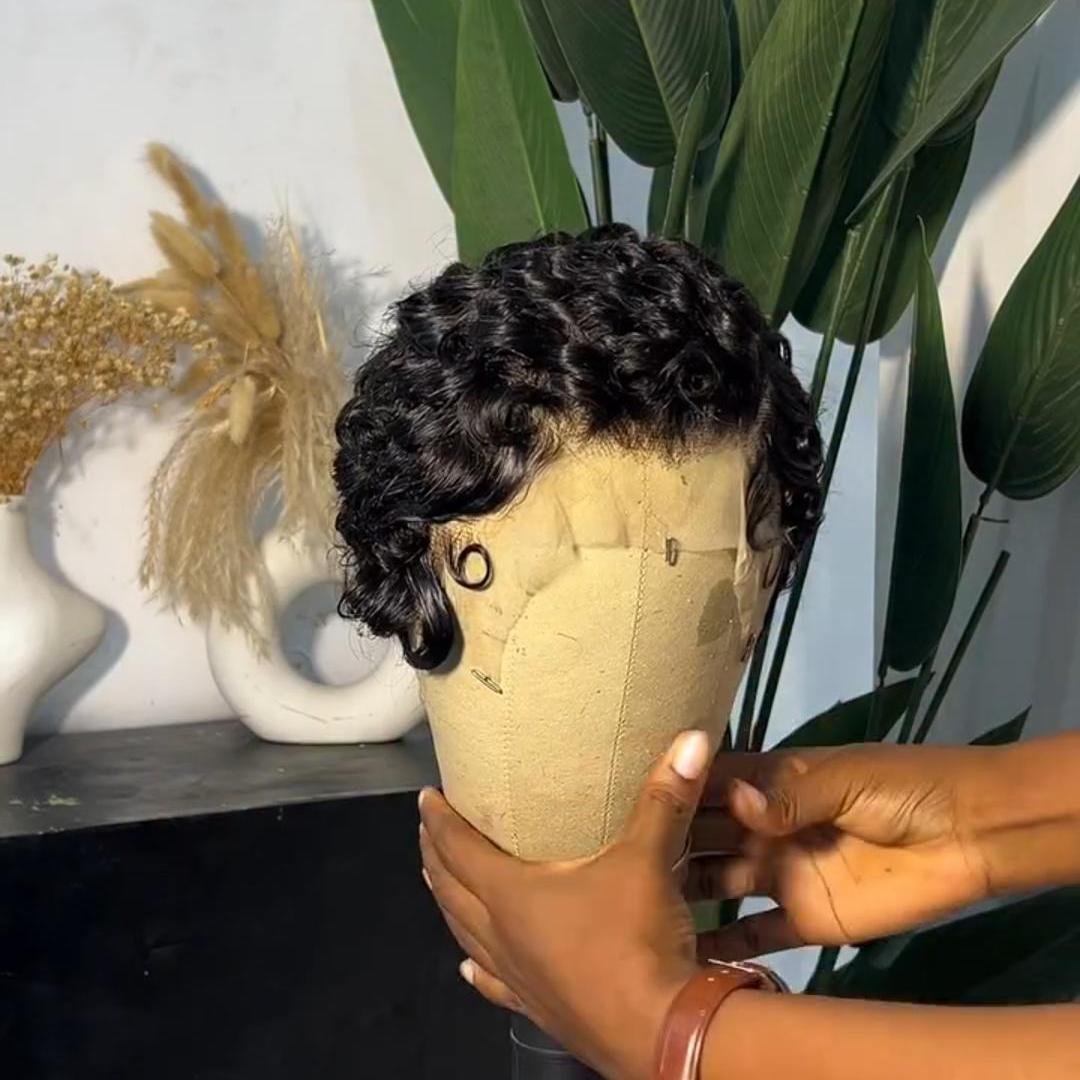 Natural Black 13x4 Lace/Full Lace Finger Wave Curly Pixie Wig
