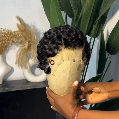 Natural Black 13x4 Lace/Full Lace Finger Wave Curly Pixie Wig