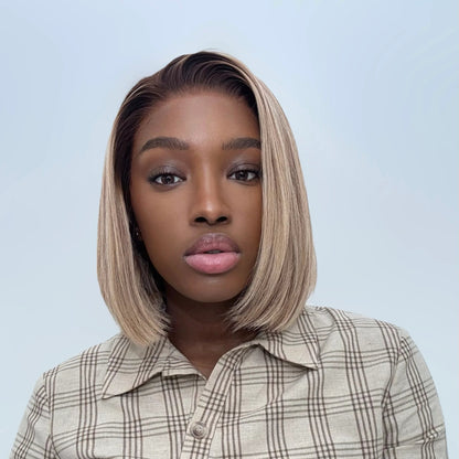 Chic Ash Blonde Highlights 7×5 HD Lace Closure Bob Wig 100% Human Hair