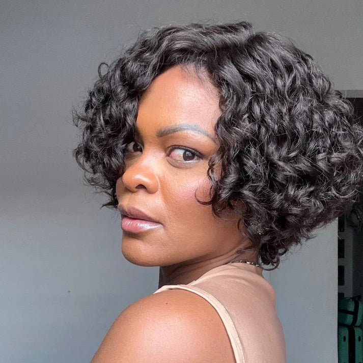 Put on & Go Voluminous Short Cut Curly Bob Wig 100% Human Hair