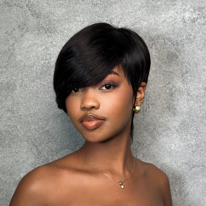 Short Pixie Cut Glueless Human Hair Long Bangs Wig