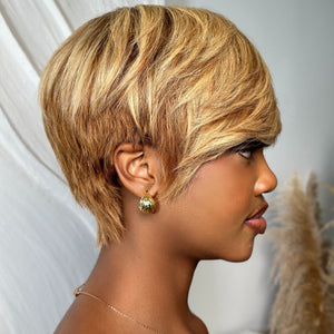 Blonde Highlight With Brown Short Pixie Cut Glueless Long Bangs Wig